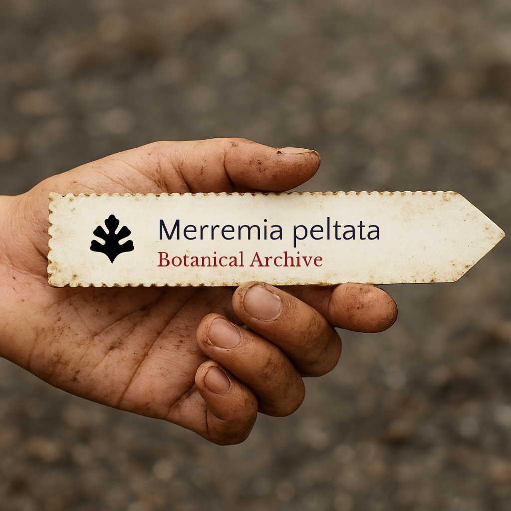 Printed plant label for Merremia peltata held in a dirty hand outdoors