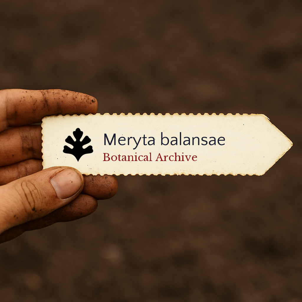 Printed plant label for Meryta balansae held by hand with soil background