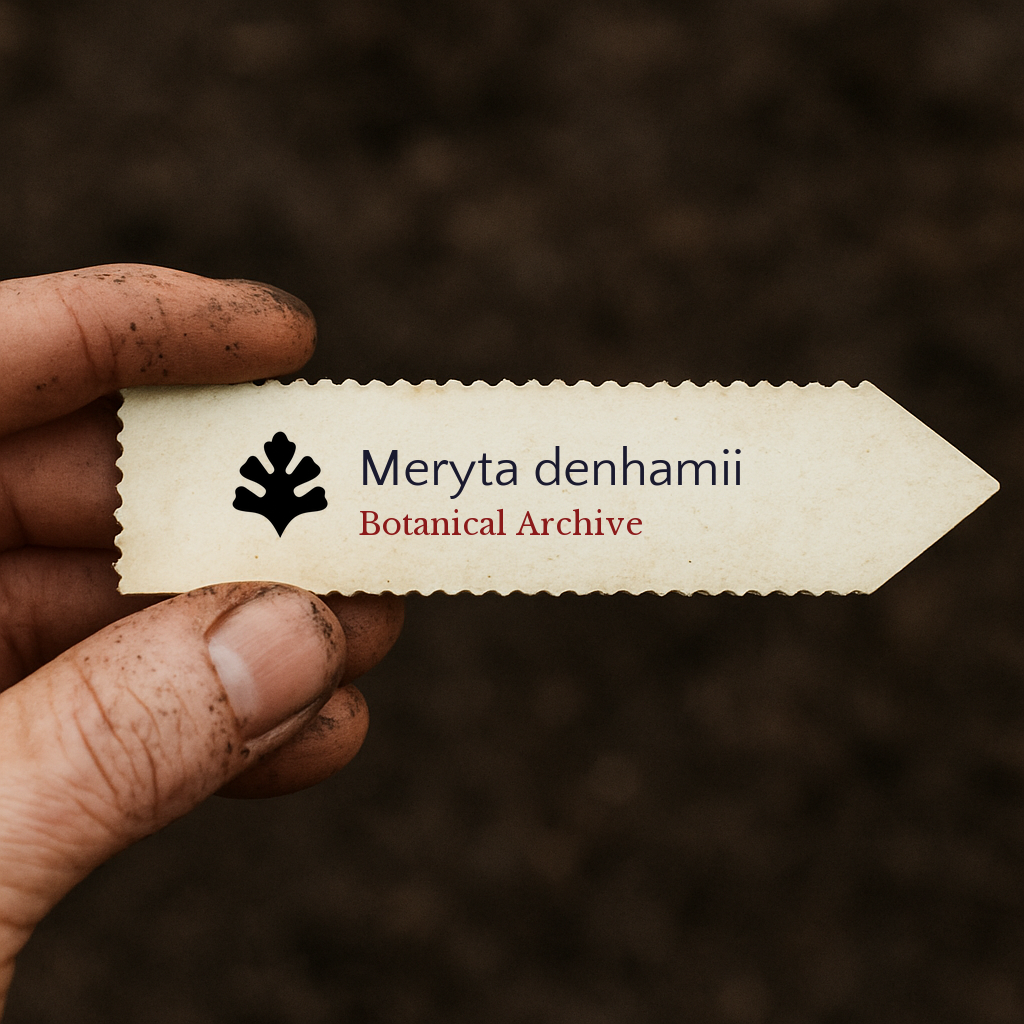 Printed plant label for Meryta denhamii with botanical archive logo held by dirty hand