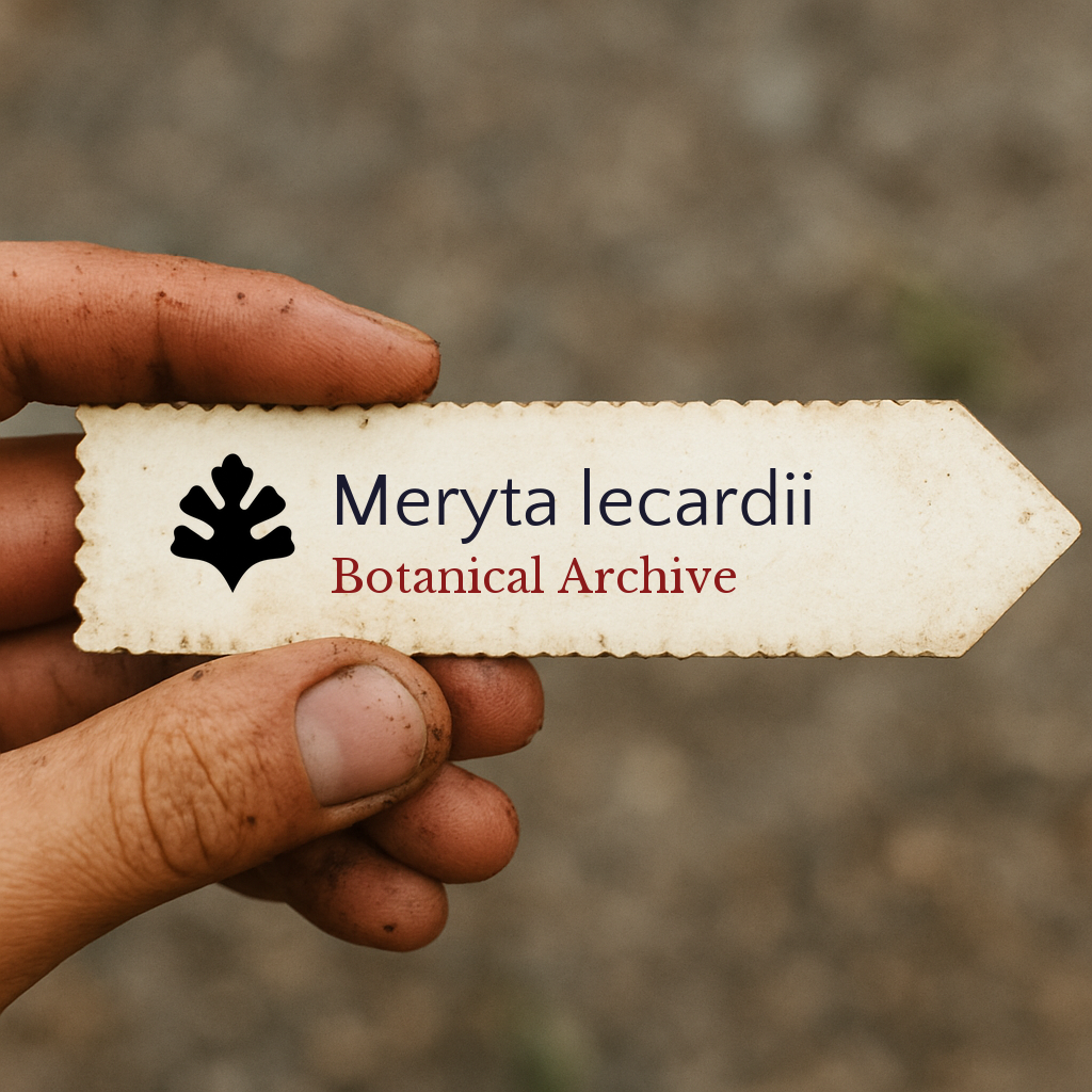 Printed plant label for Meryta lecardii held by hand with dirt background