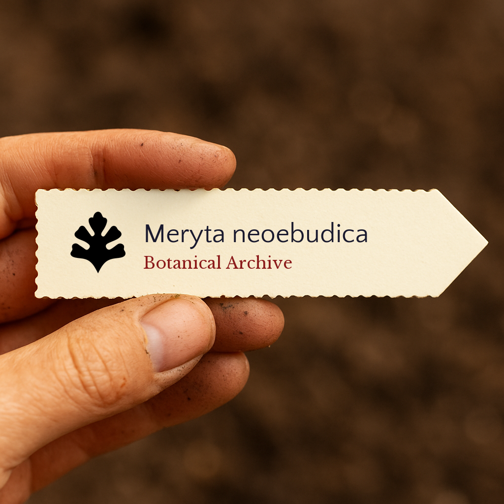 Printed plant label for Meryta neoebudica with botanical archive logo held by hand