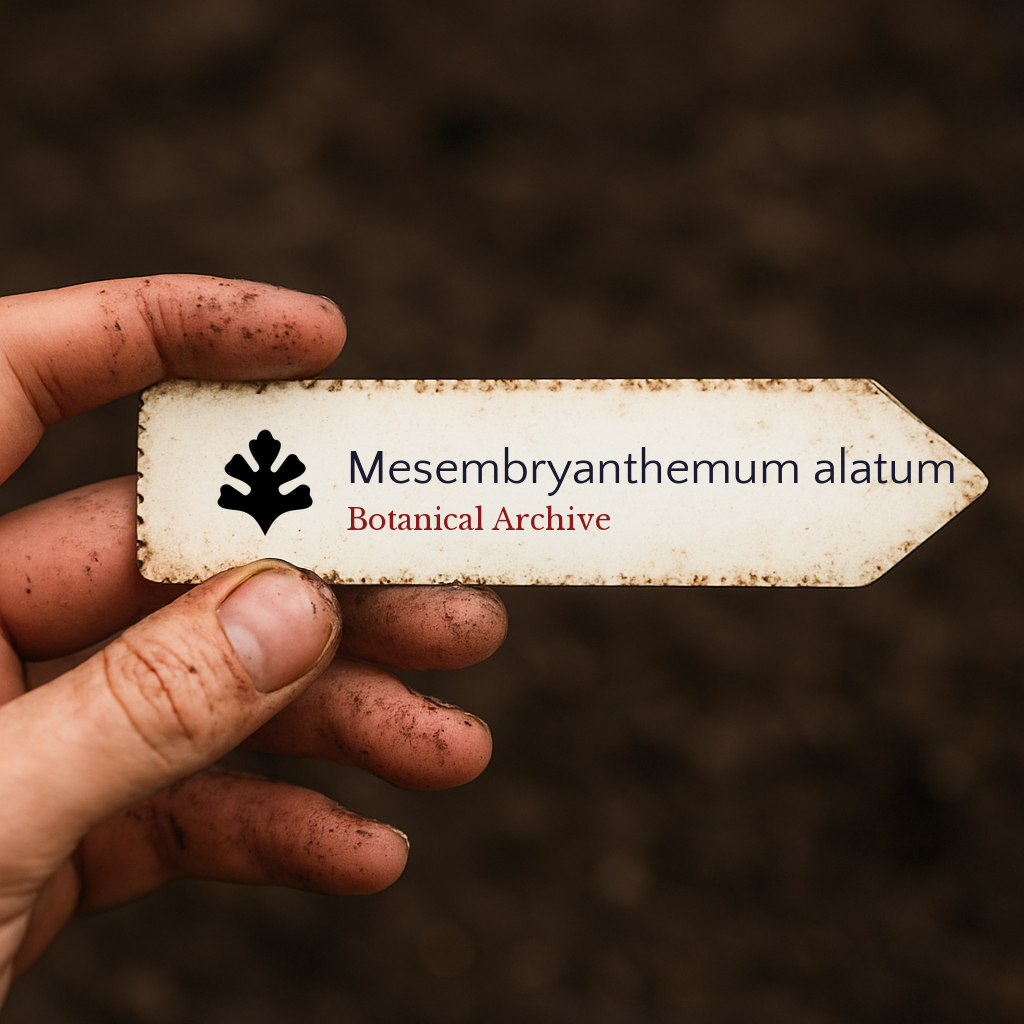 Etichetta botanica stampata per Mesembryanthemum alatum tenuta da mano sporca su sfondo di terra