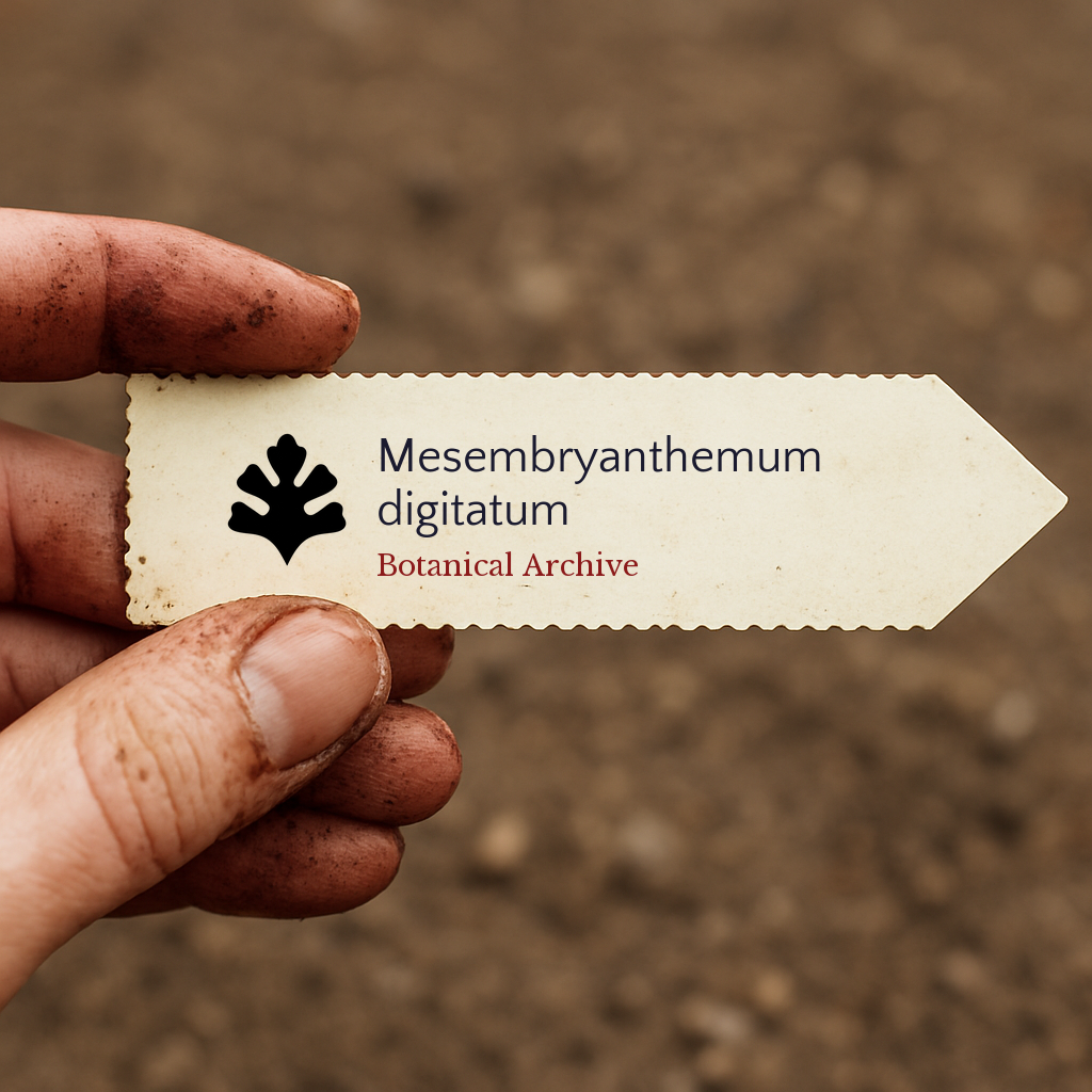 Printed plant label for Mesembryanthemum digitatum held by dirty hand over soil background