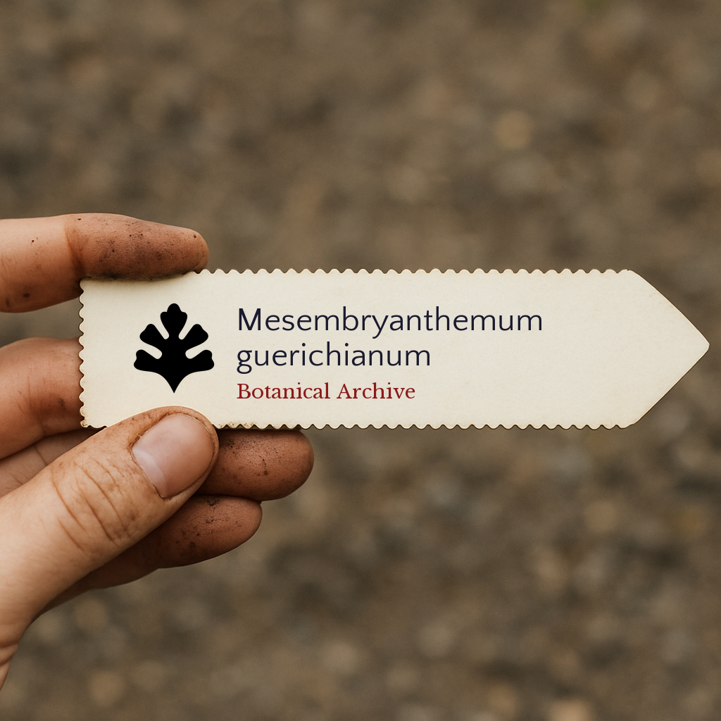 Etichetta stampata per pianta di Mesembryanthemum guerichianum tenuta da mano sporca all'aperto