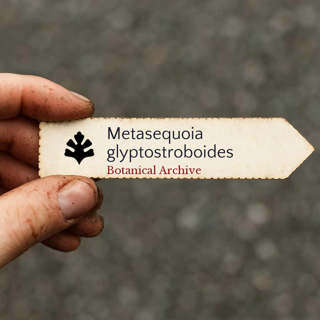 Printed plant label for Metasequoia glyptostroboides held by hand with dirt background