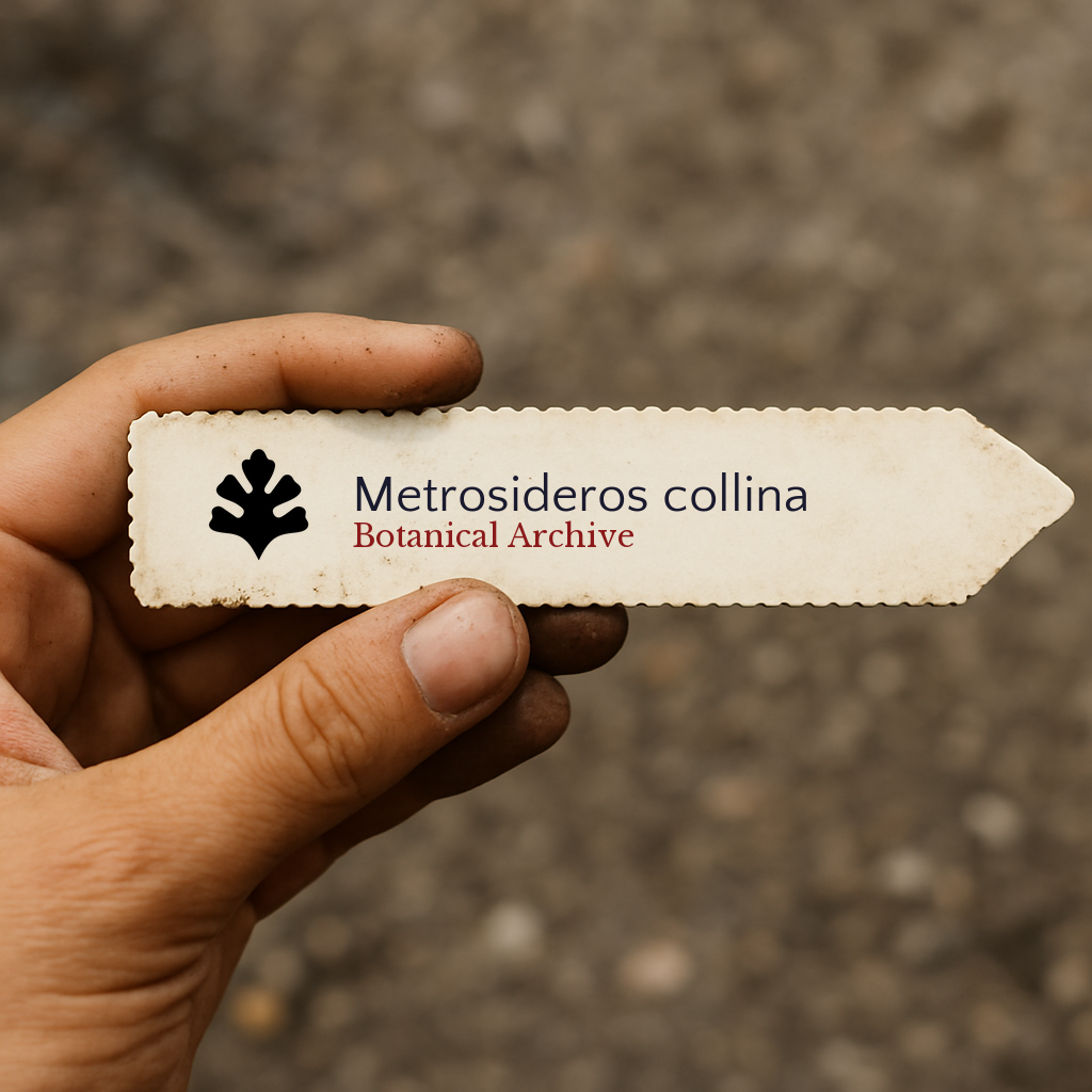 Printed plant label for Metrosideros collina held by hand with blurred soil background