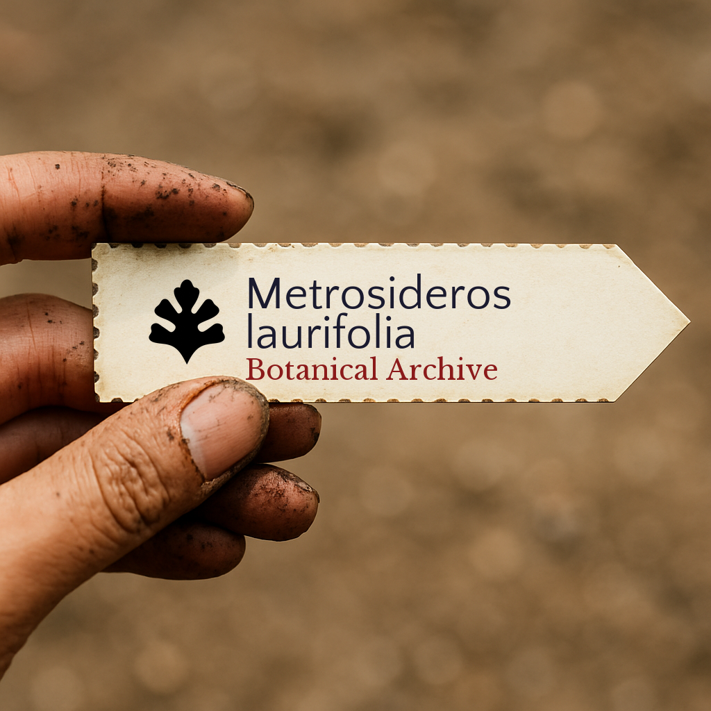 Etichetta stampata per pianta di Metrosideros laurifolia tenuta da una mano sporca all'aperto