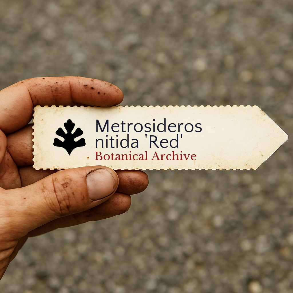 Printed plant label for Metrosideros nitida 'Red' held by hand with dirt background