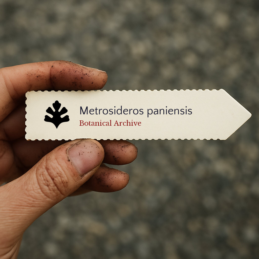 Etichetta per piante stampata per Metrosideros paniensis da Botanical Archive tenuta da una mano sporca