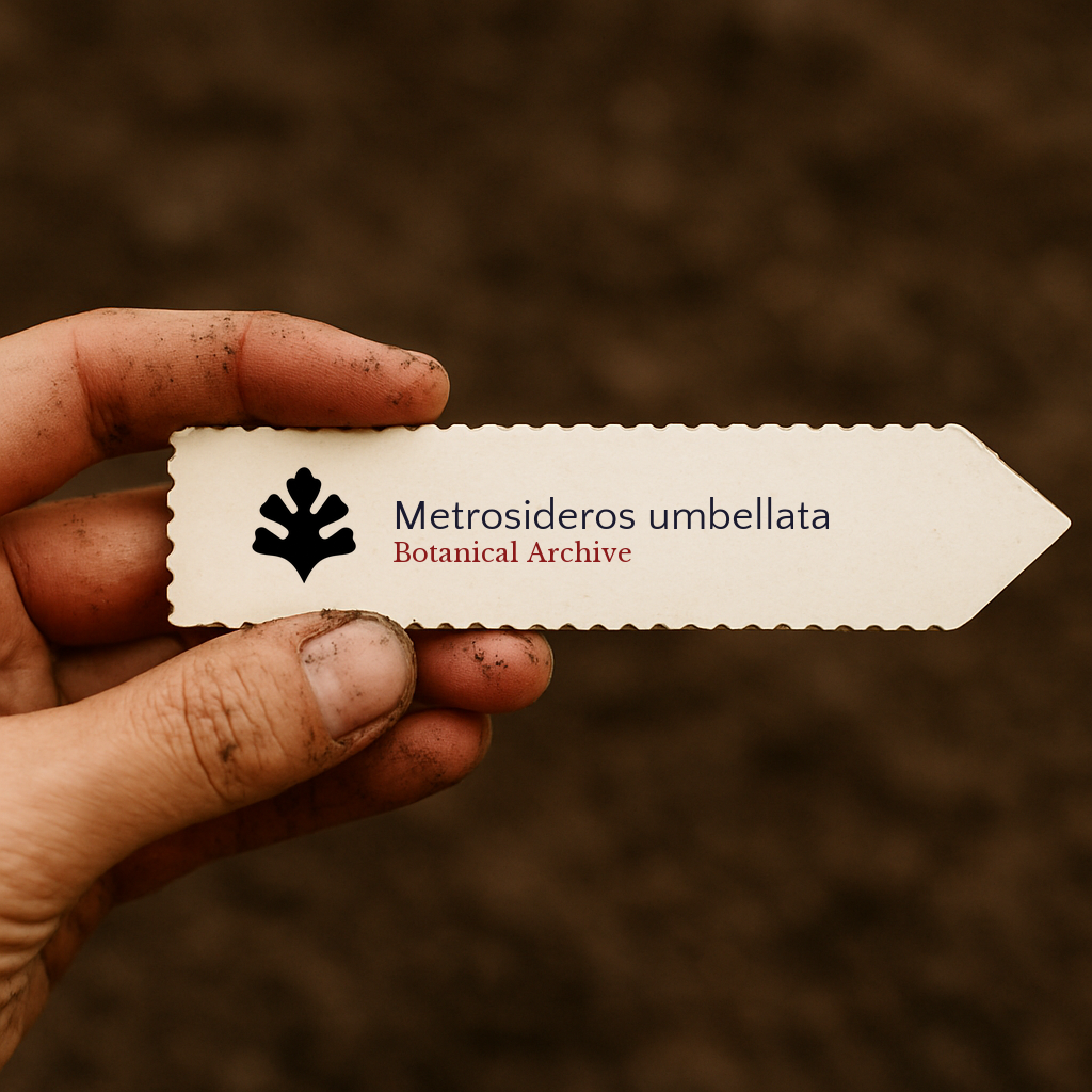 Printed plant label for Metrosideros umbellata held by dirty hand over soil background