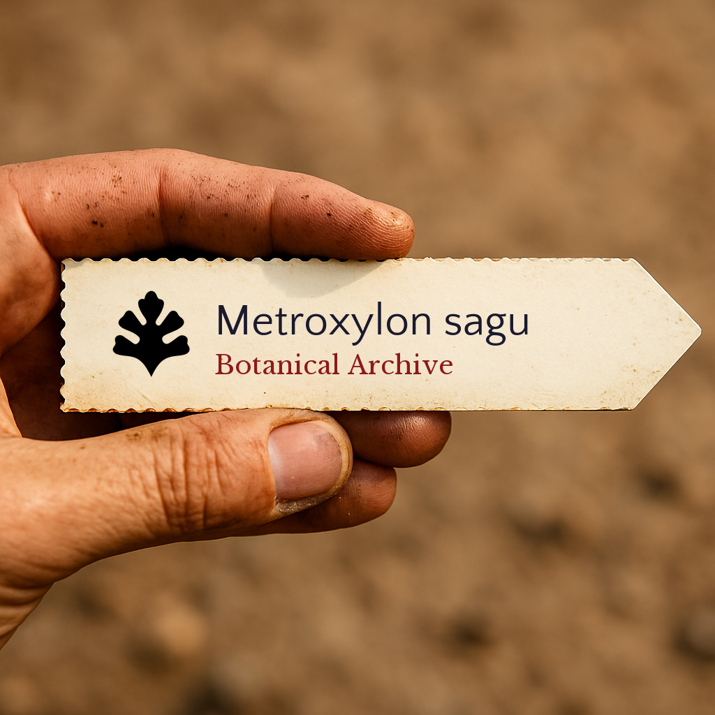 Printed plant label for Metroxylon sagu held by hand with soil background
