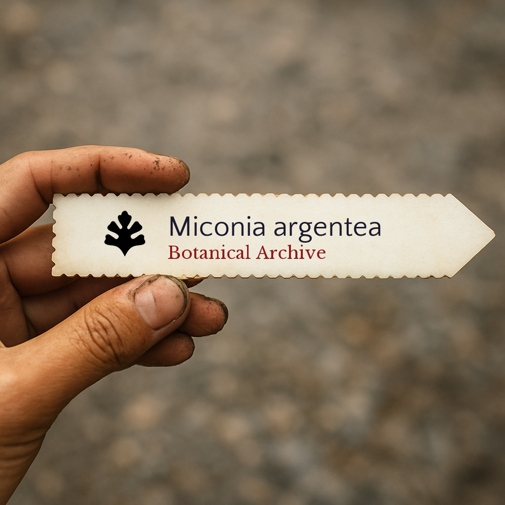 Etichetta stampata per pianta di Miconia argentea tenuta a mano con terra sulle dita