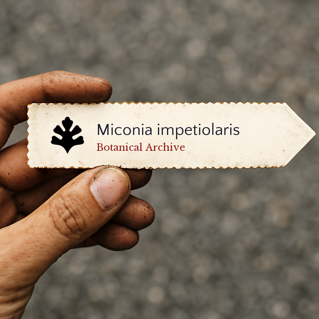 Printed plant label for Miconia impetiolaris held by dirty hand outdoors