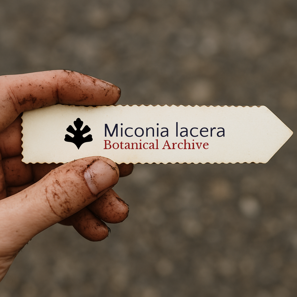 Printed plant label for Miconia lacera held by dirty hand outdoors