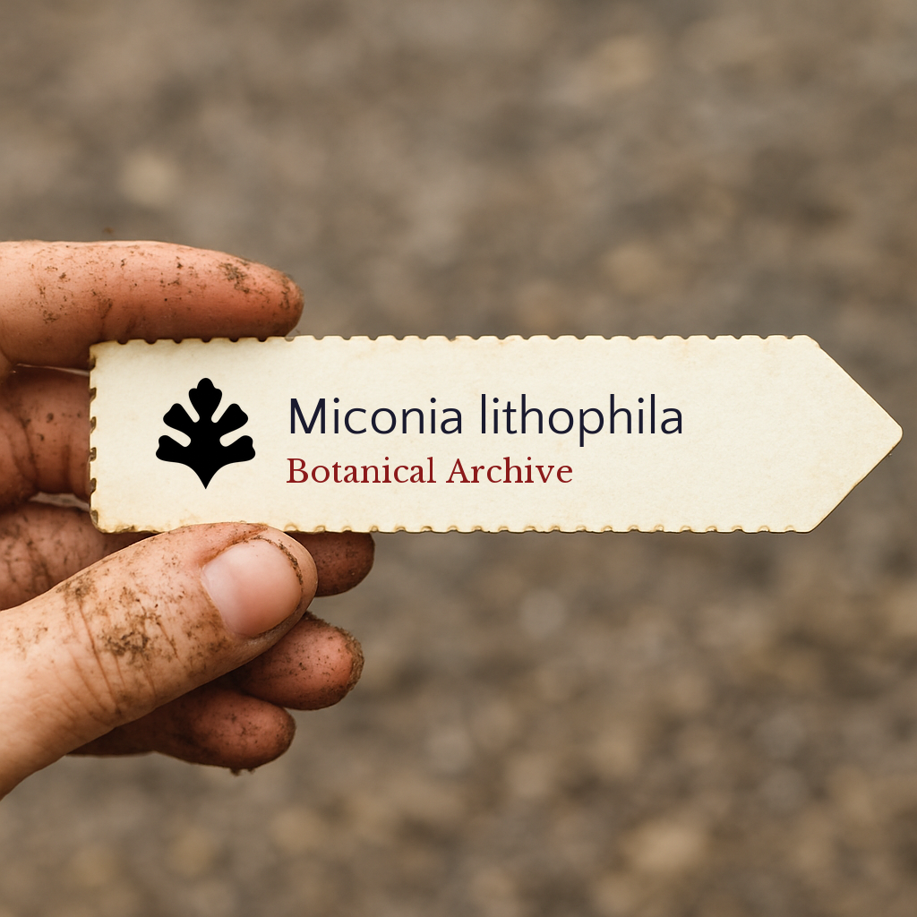 Etichetta stampata per pianta di Miconia lithophila tenuta da mano sporca su sfondo di terreno