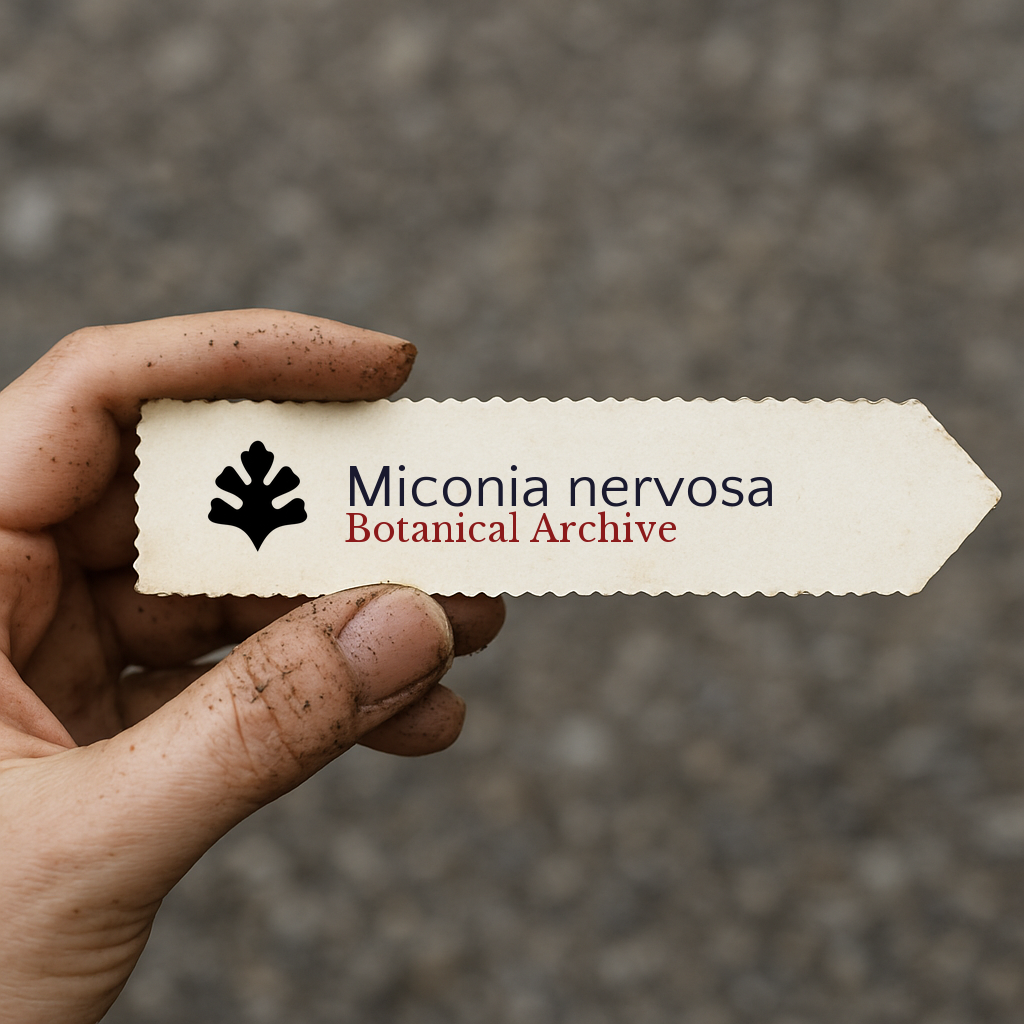 Etichetta per pianta stampata per Miconia nervosa tenuta da mano sporca all'aperto