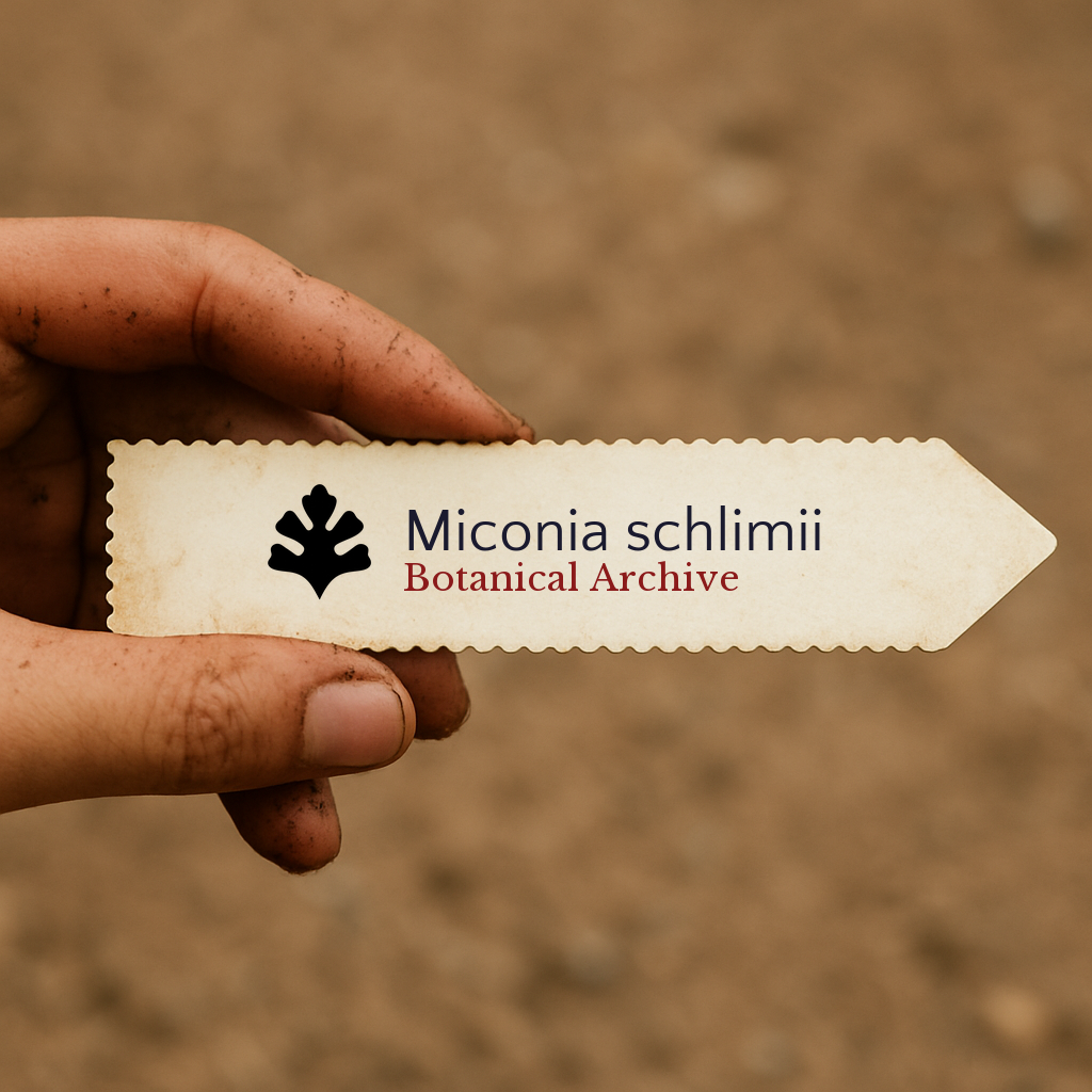 Etichetta stampata per pianta di Miconia schlimii con logo Botanical Archive tenuta a mano