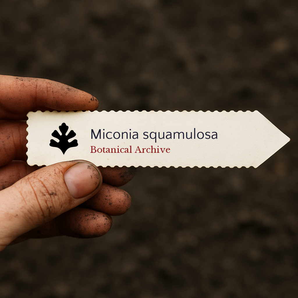 Etichetta per piante stampata per Miconia squamulosa tenuta da mano sporca su sfondo di terra