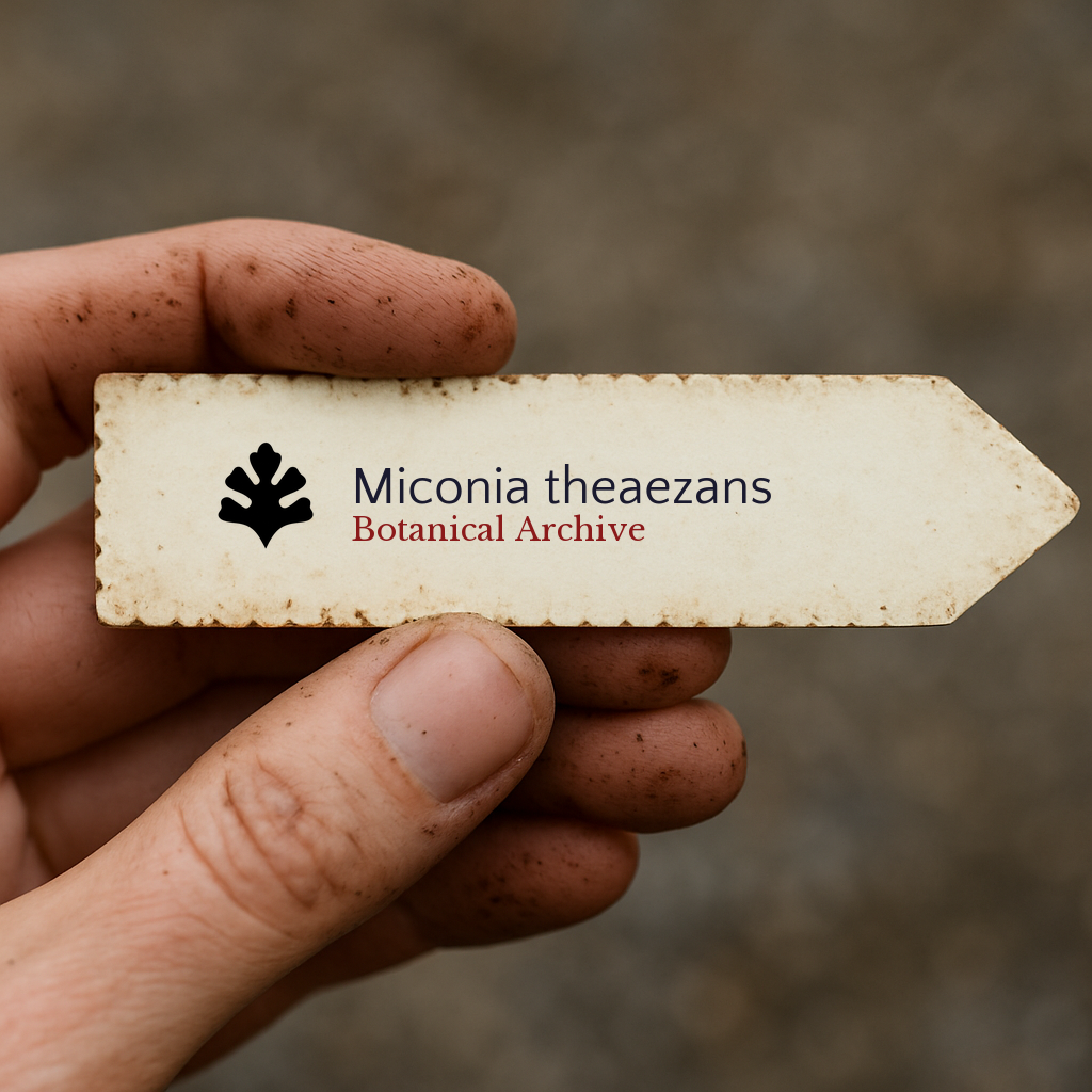 Etichetta stampata per pianta di Miconia theaezans tenuta da mano sporca con forma a freccia