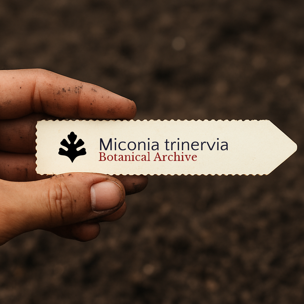 Printed plant label for Miconia trinervia held over soil background