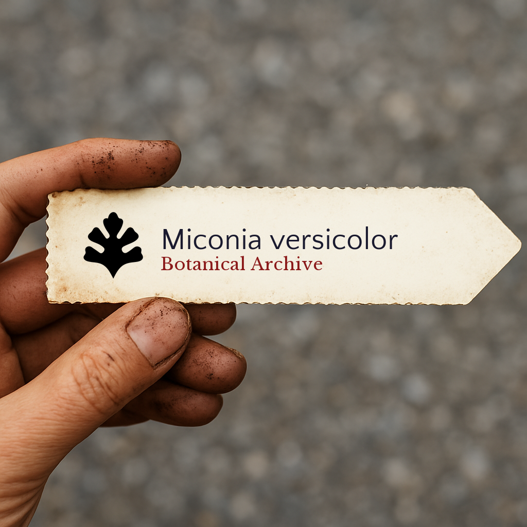Printed plant label for Miconia versicolor held by dirty hand outdoors