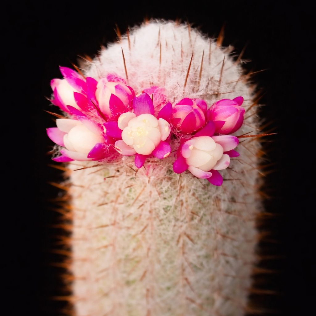 Micranthocereus alvinii cactus with white spines and vibrant pink and white flowers ring