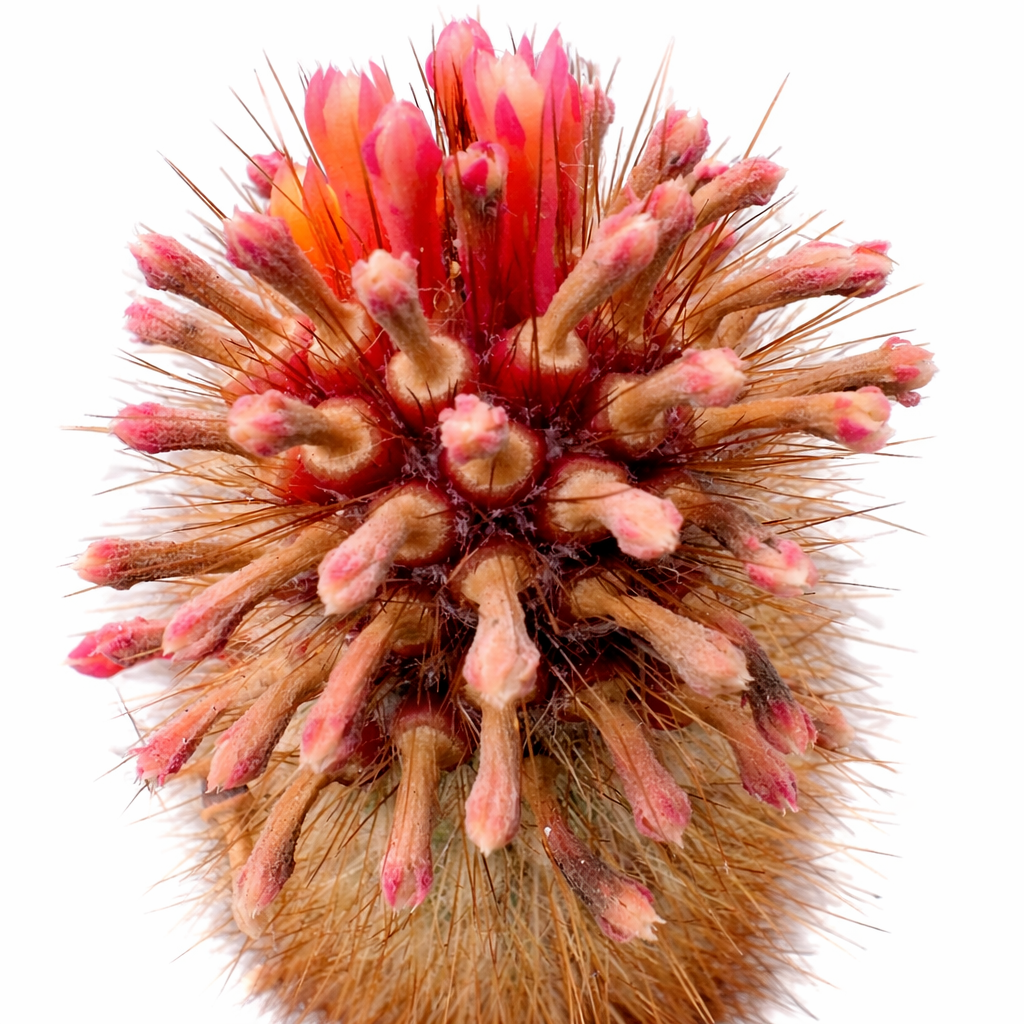 Micranthocereus densiflorus raro cactus con spine fitte e vivaci boccioli floreali rosa-arancio