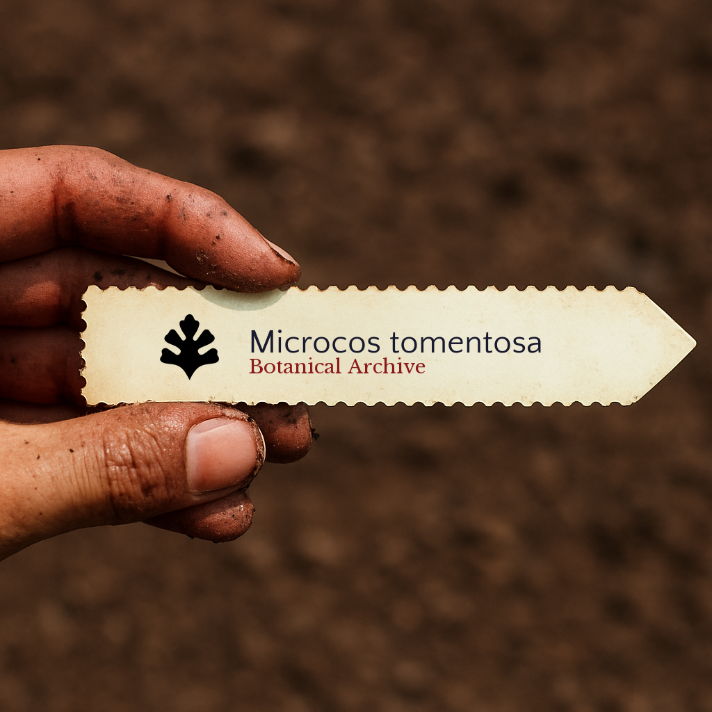 Printed plant label for Microcos tomentosa held by dirty hand over soil background