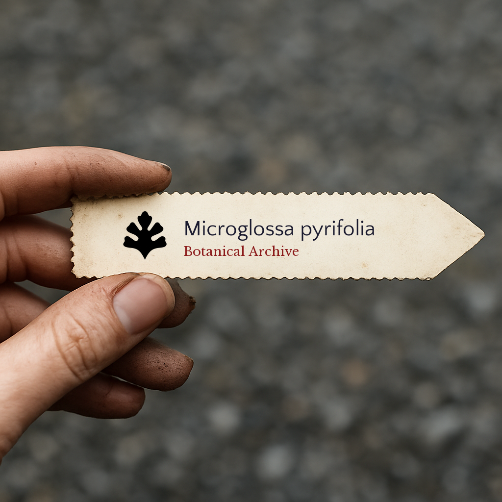 Printed plant label for Microglossa pyrifolia with botanical archive logo held by hand
