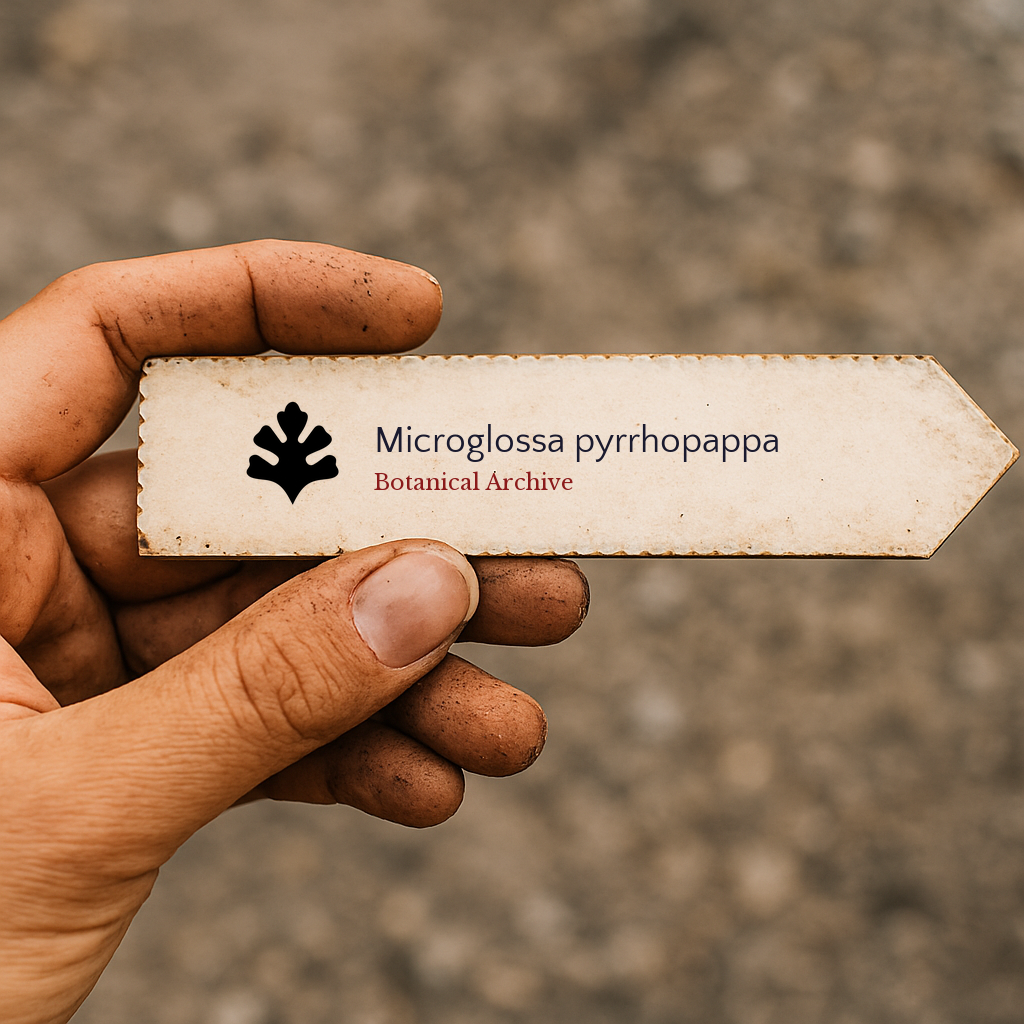 Printed plant label for Microglossa pyrrhopappa with botanical archive logo held by dirty hand