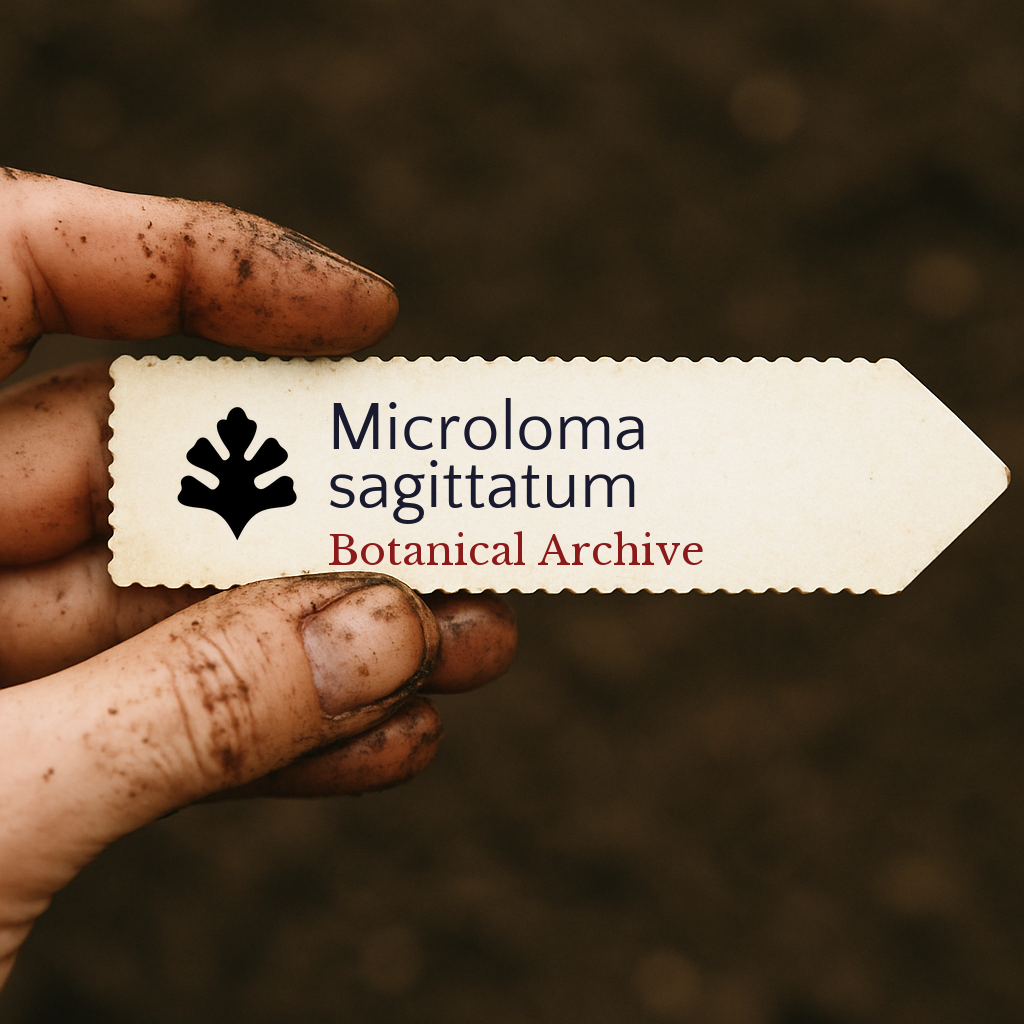 Etichetta stampata per pianta Microloma sagittatum tenuta da una mano sporca su sfondo di terreno