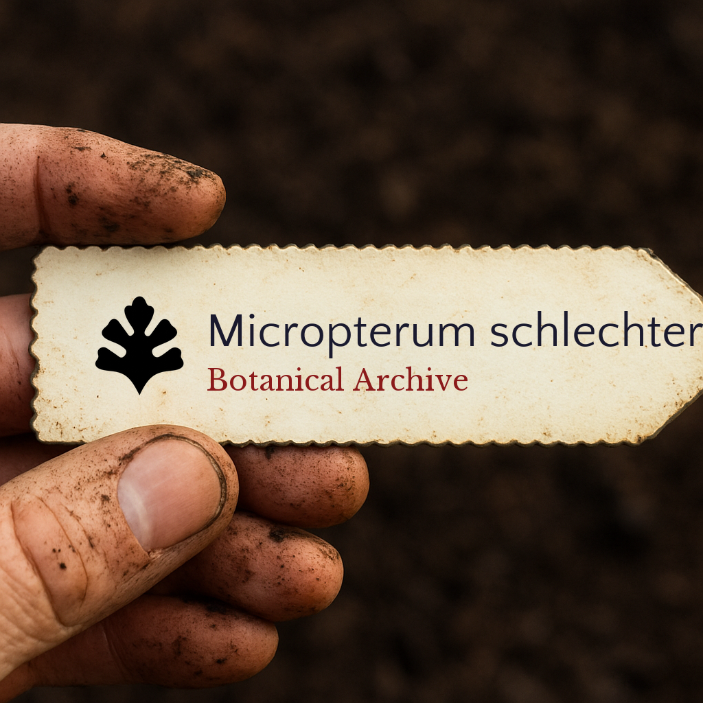 Etichetta per pianta stampata per Micropterum schlechteri tenuta da mano sporca su sfondo di terra