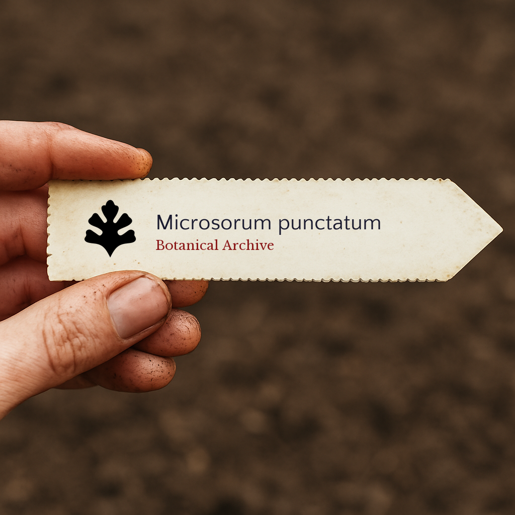Printed plant label for Microsorum punctatum held over soil background