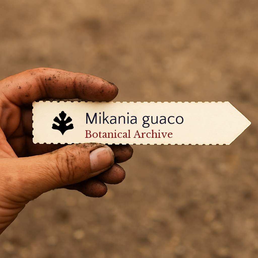 Etichetta stampata per pianta di Mikania guaco tenuta in mano con sfondo di terreno