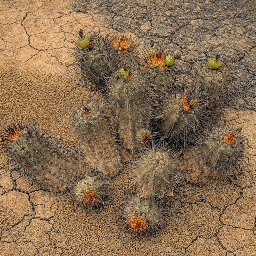 Mila churiensis piccolo cactus spinoso con spine punteggiate di arancione su terreno secco screpolato