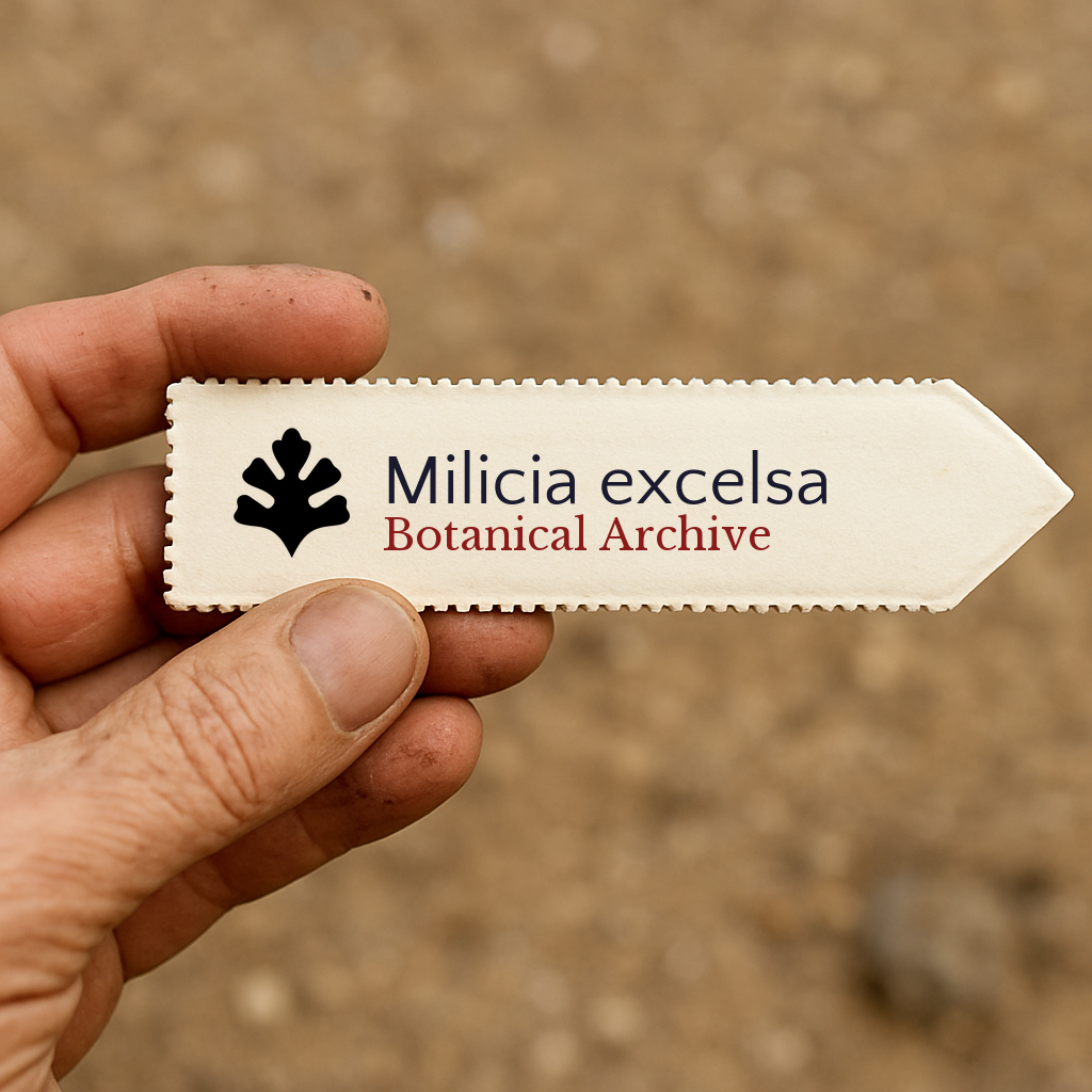 Printed plant label for Milicia excelsa held by hand with blurred soil background