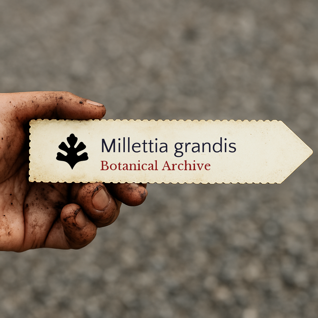Etichetta per pianta stampata per Millettia grandis con logo Botanical Archive in mano