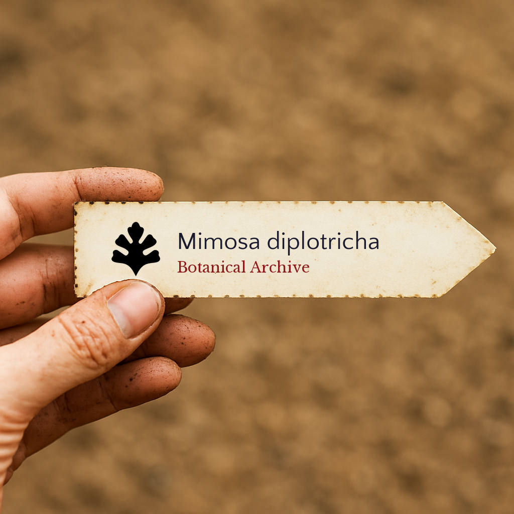 Etichetta per pianta stampata per Mimosa diplotricha tenuta a mano con sfondo di terra
