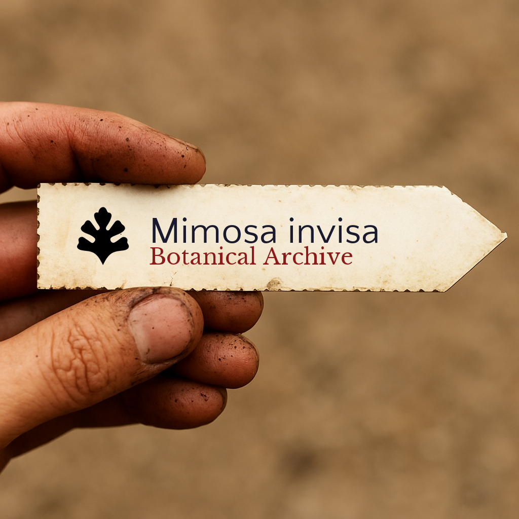 Etichetta per pianta stampata per Mimosa invisa tenuta da una mano sporca su sfondo sfocato