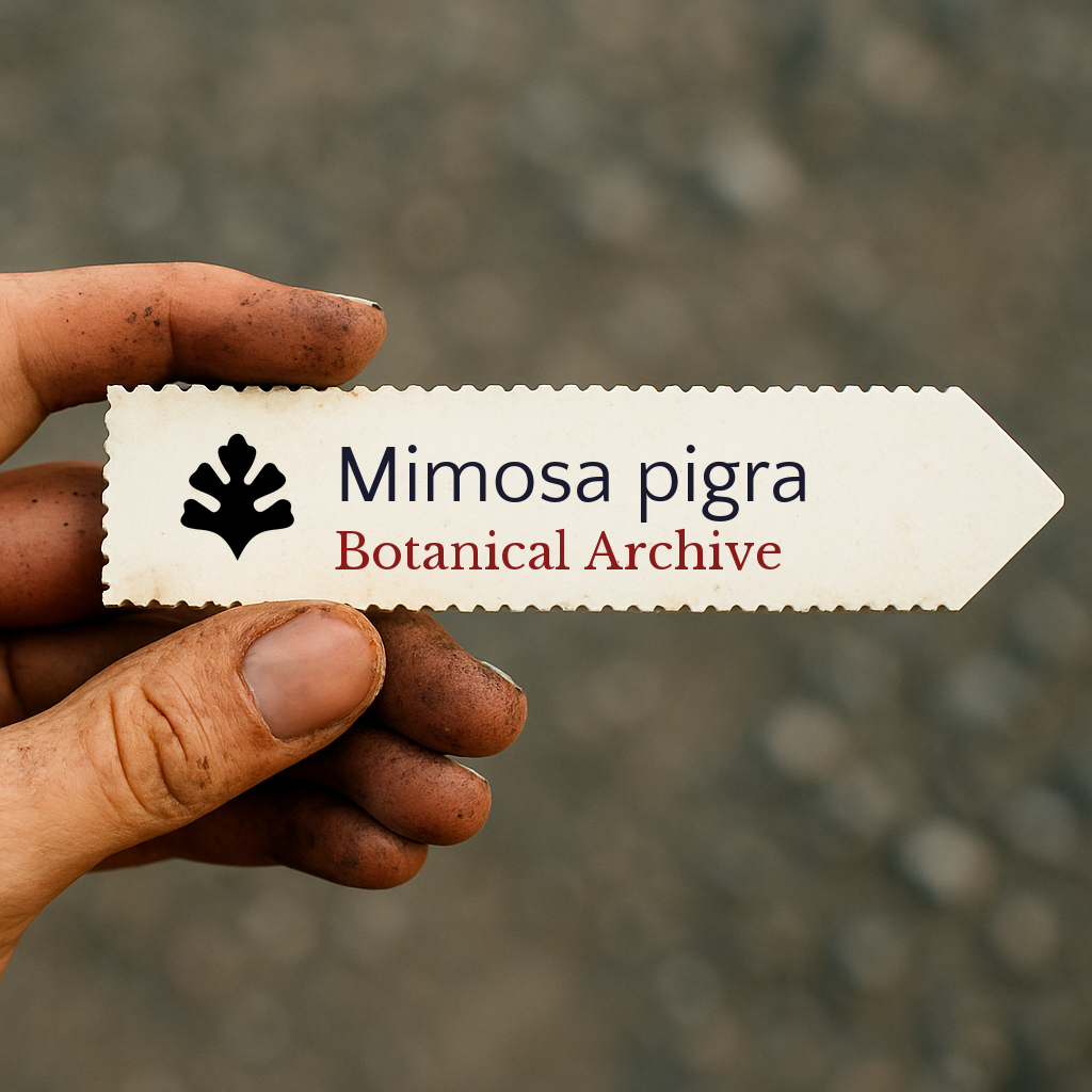 Printed plant label for Mimosa pigra with botanical archive logo held by dirty hand