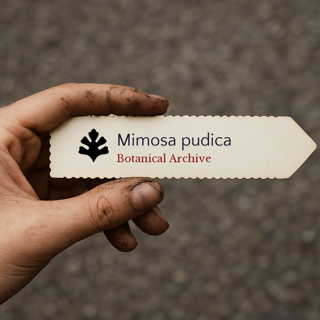 Etichetta per pianta stampata per Mimosa pudica tenuta da mano sporca con bordi smerlati