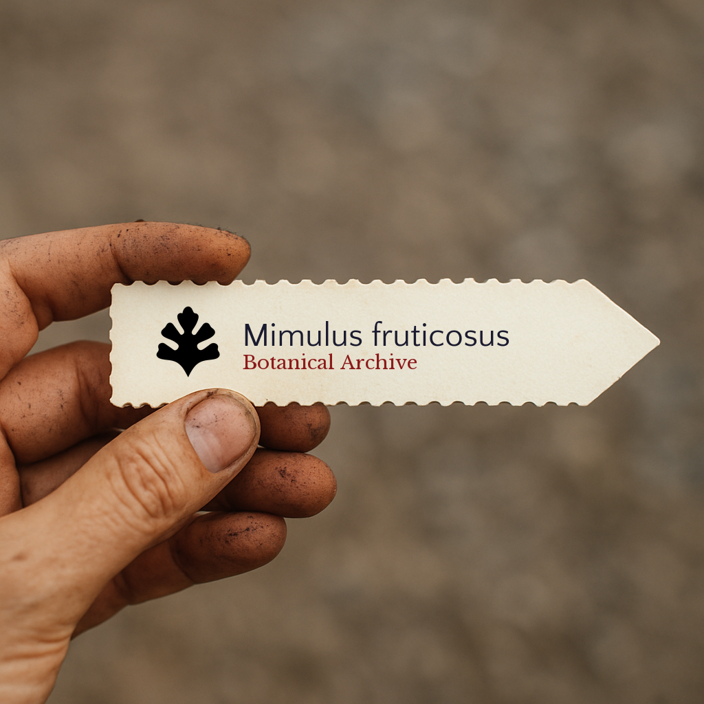 Printed plant label for Mimulus fruticosus with botanical archive logo held by dirty hand