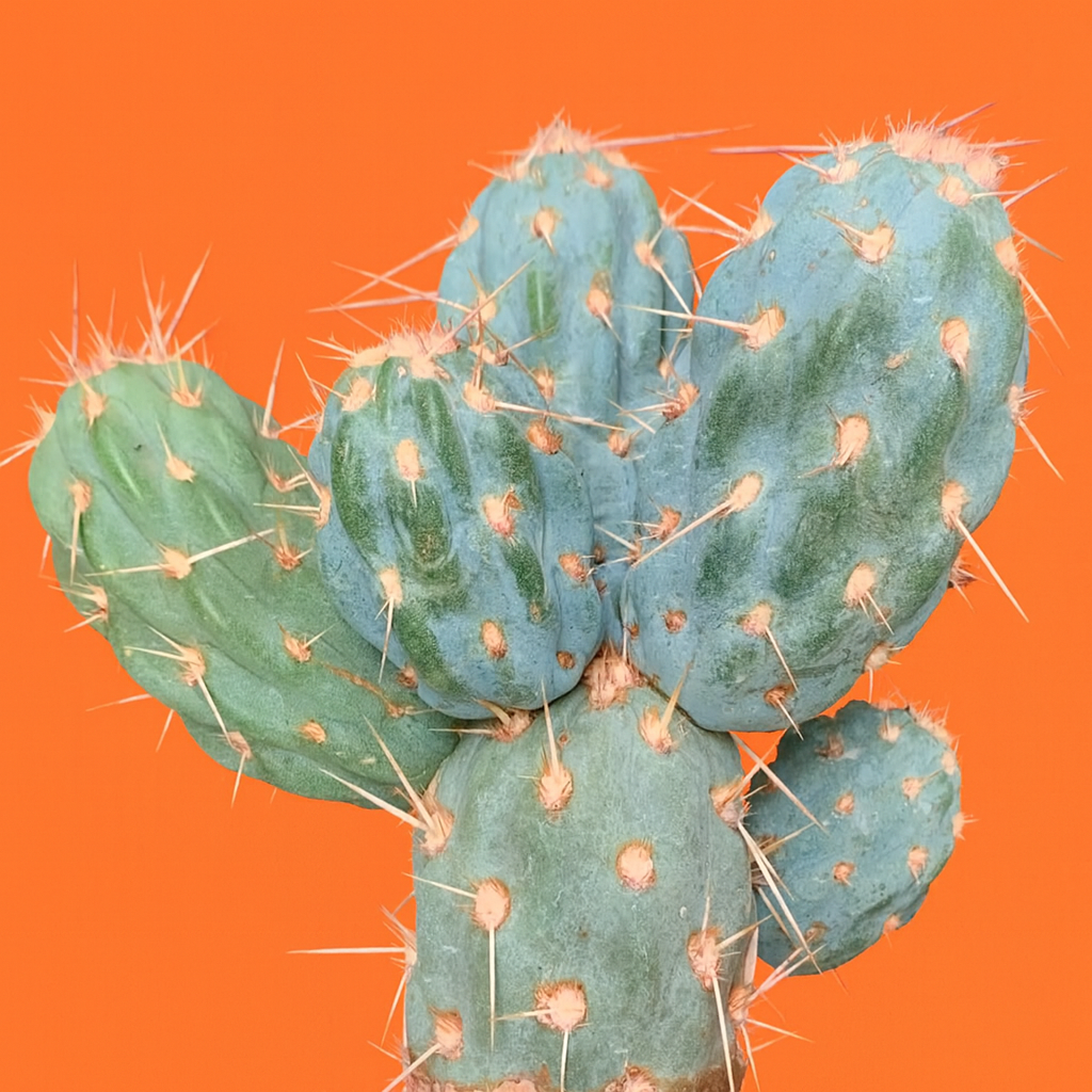 Miqueliopuntia miquelii blue-green succulent cactus with long spines against orange background