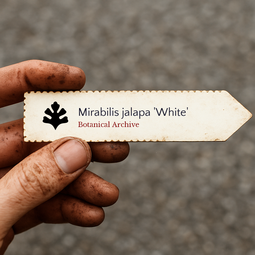 Printed plant label for Mirabilis jalapa 'White' held by dirty hand outdoors