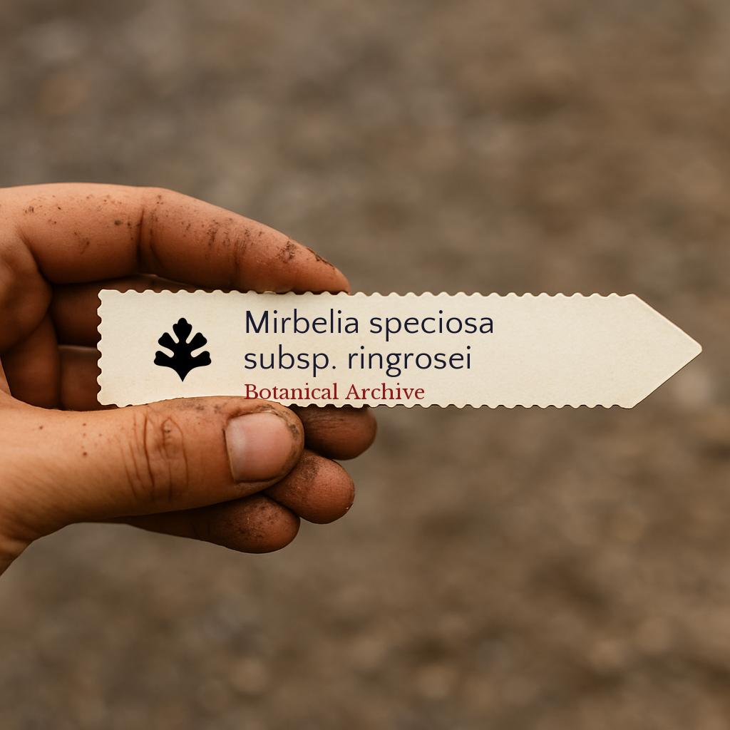Printed plant label for Mirbelia speciosa subsp. ringrosei held in hand with soil background