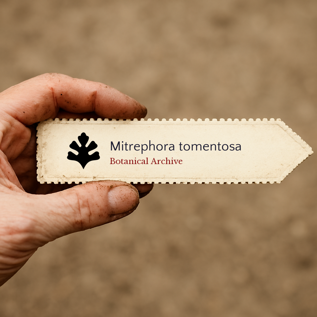 Printed plant label for Mitrephora tomentosa held by dirty hand outdoors