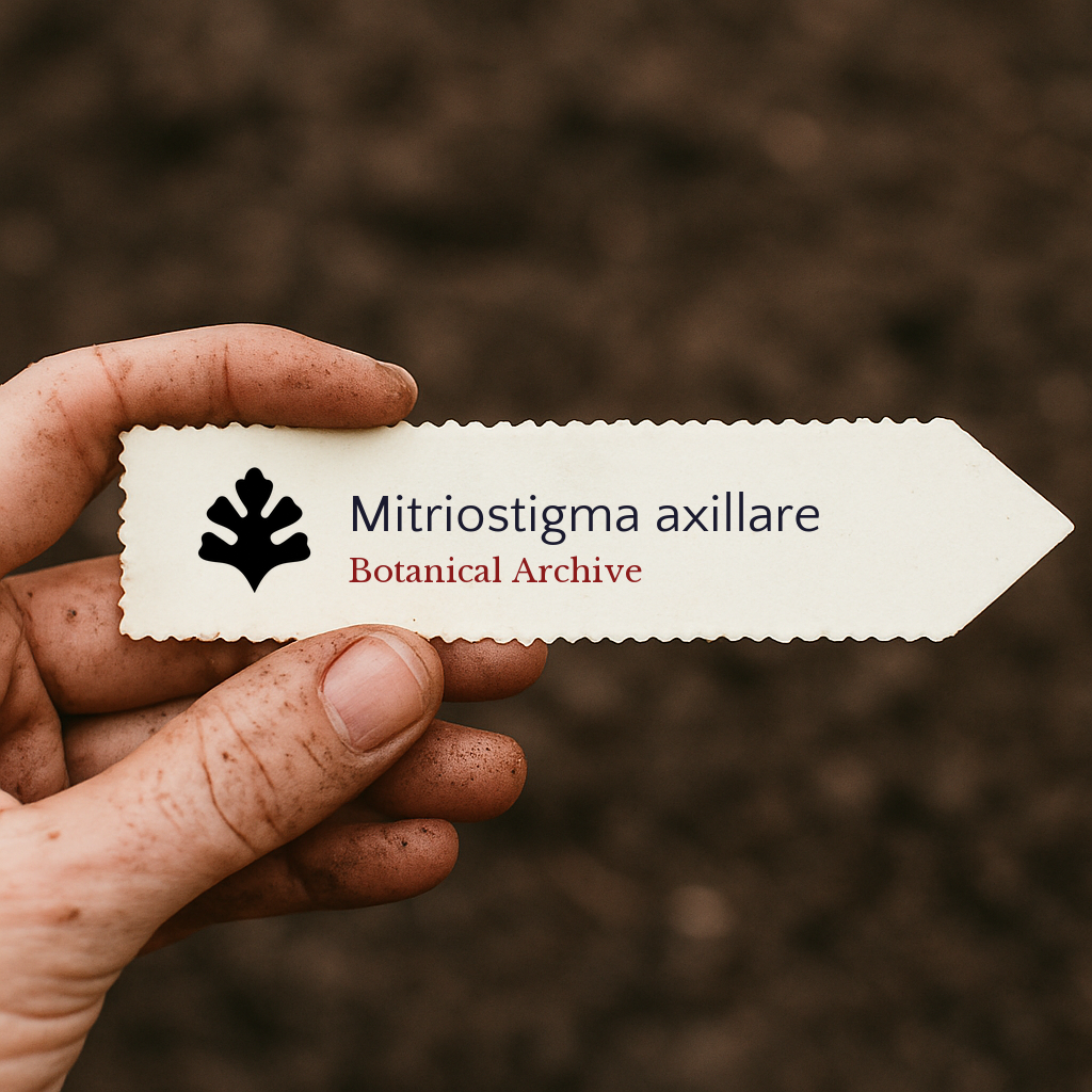 Printed plant label for Mitriostigma axillare held by hand over soil background