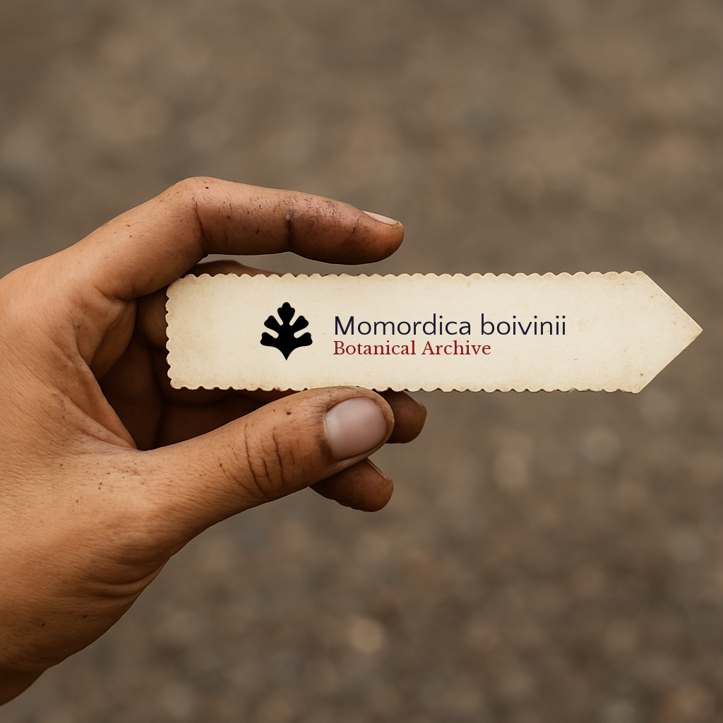 Printed plant label for Momordica boivinii with botanical archive logo held by hand