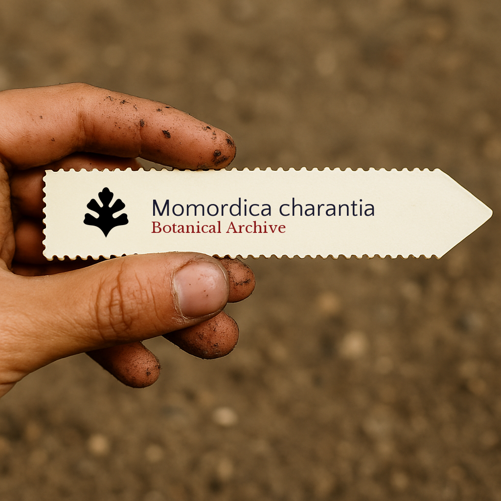 Printed plant label for Momordica charantia held by dirty hand over soil background