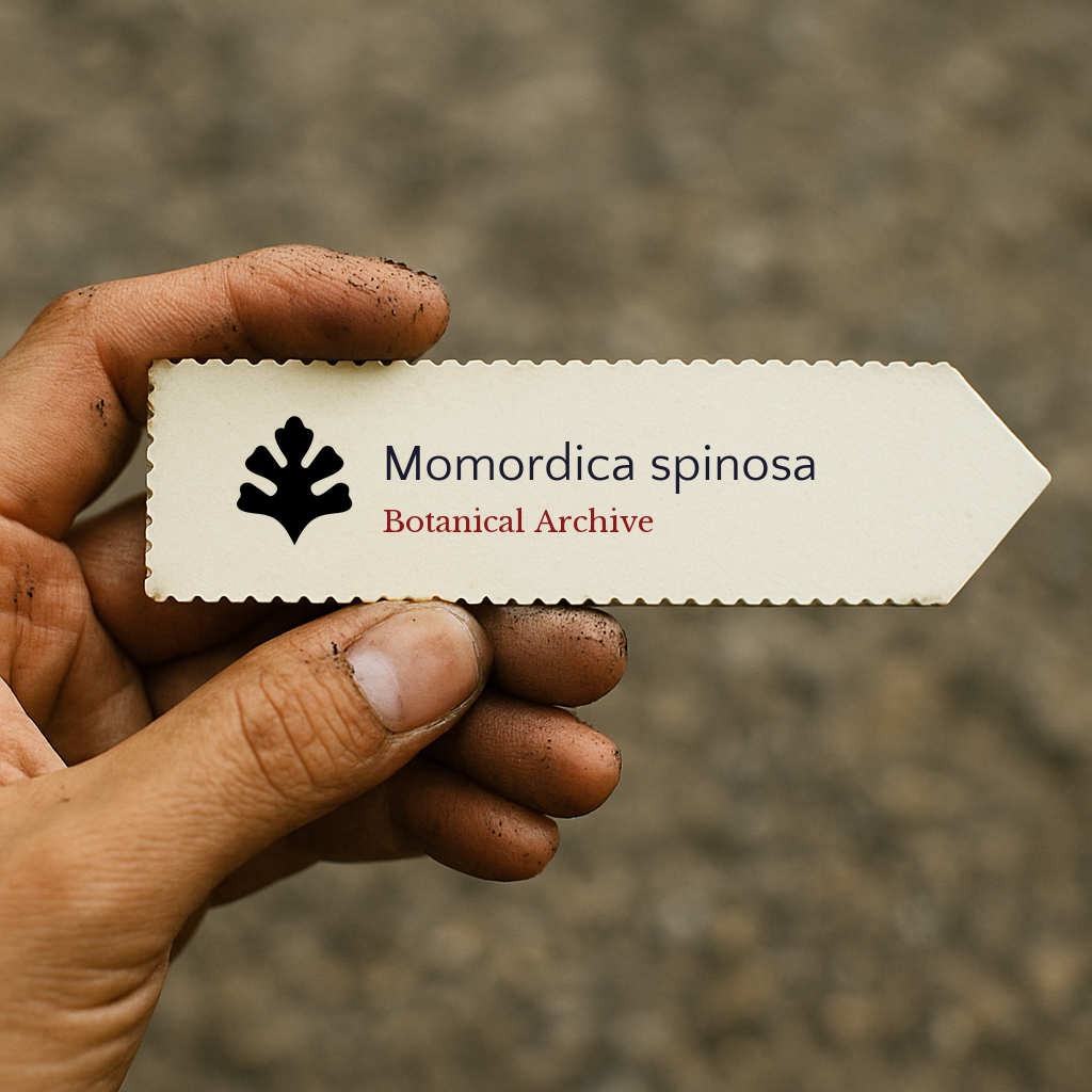 Etichetta stampata per pianta di Momordica spinosa con il logo Botanical Archive tenuta a mano